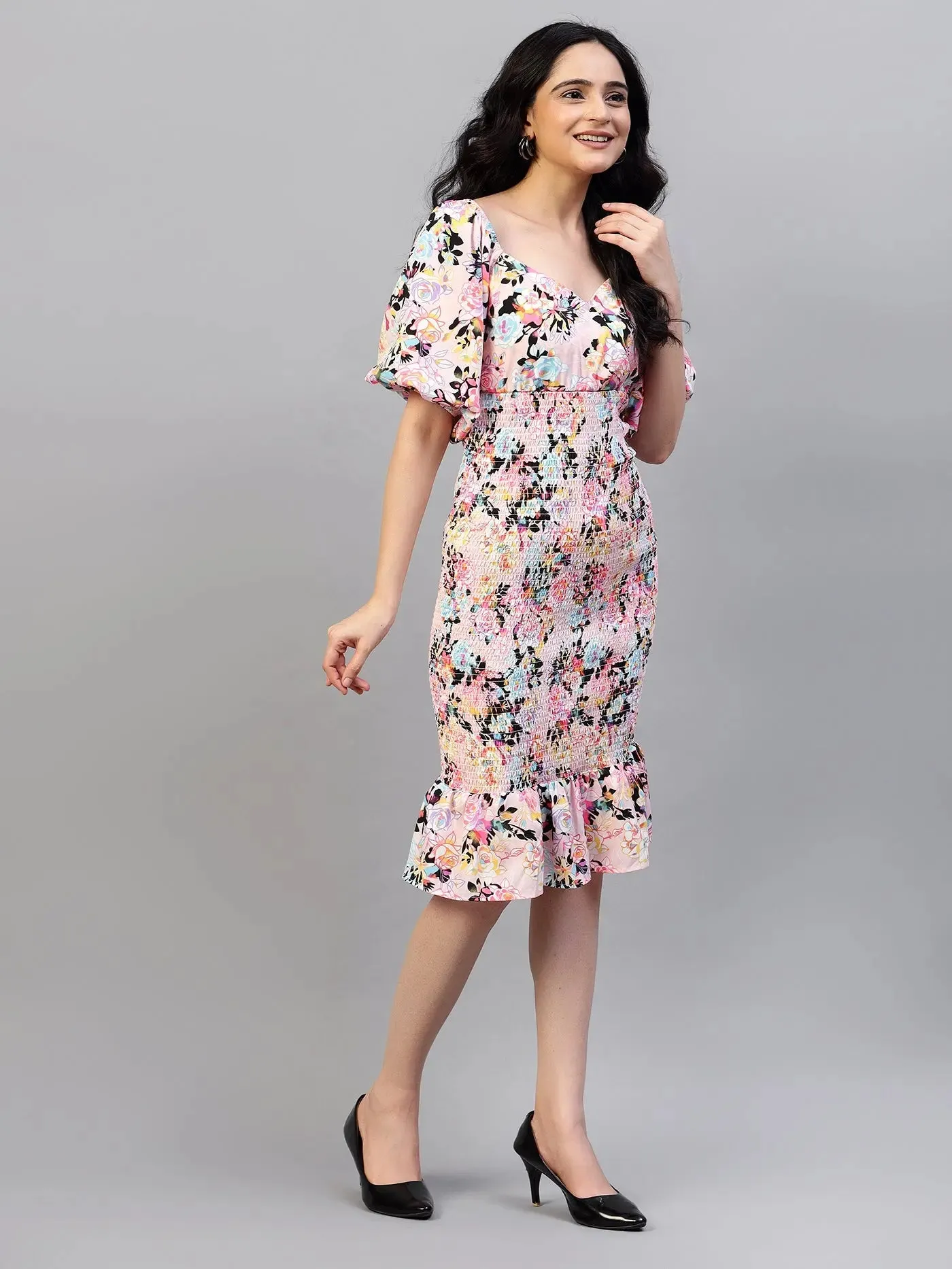 Printed Smocking Fitted Dress