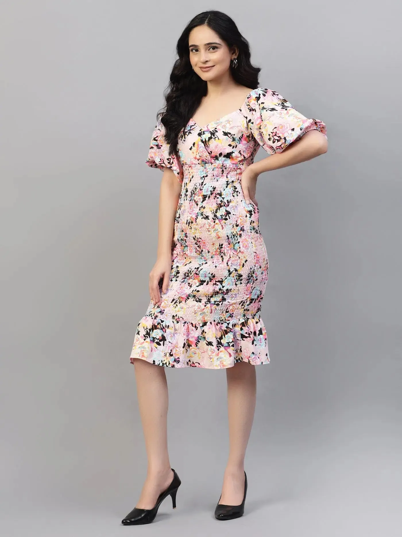 Printed Smocking Fitted Dress