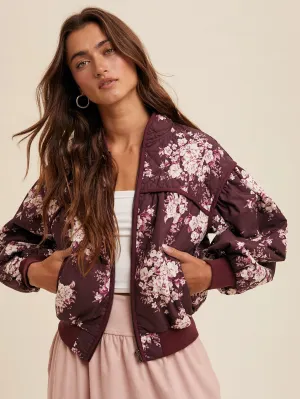 Quilted Floral Print Bomber Jacket