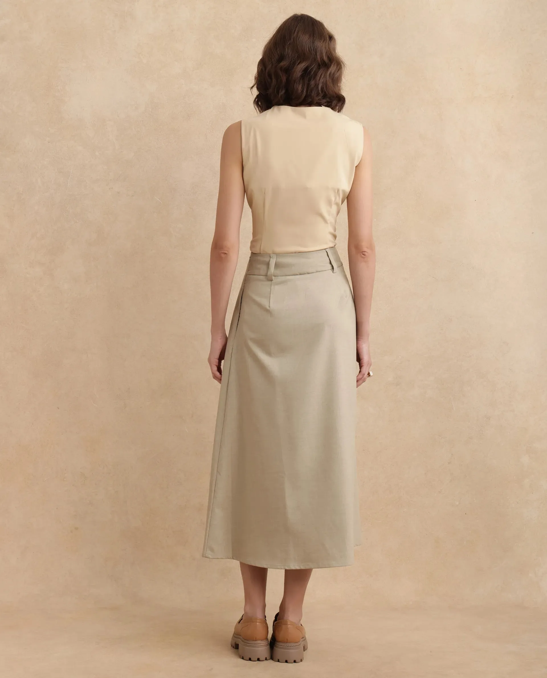 Rareism Women Noblopa Beige Poly Viscose Fabric Zipper Closure A-Line Midi Plain Skirt