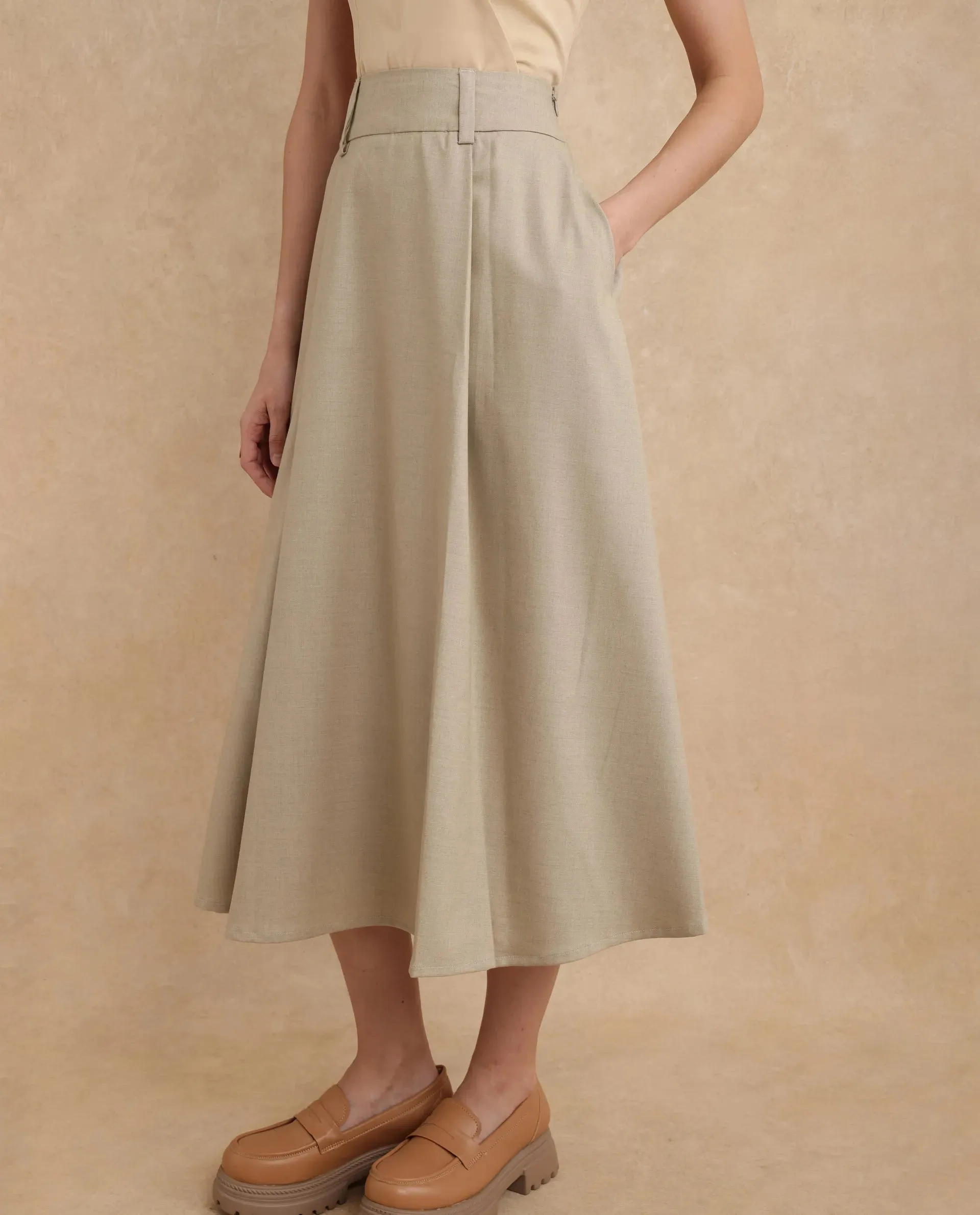 Rareism Women Noblopa Beige Poly Viscose Fabric Zipper Closure A-Line Midi Plain Skirt