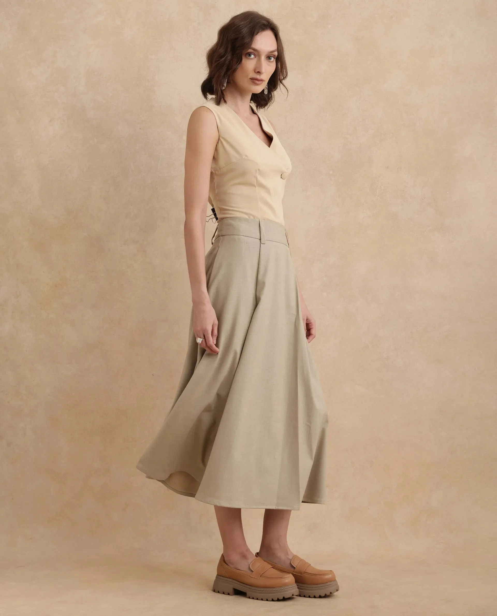 Rareism Women Noblopa Beige Poly Viscose Fabric Zipper Closure A-Line Midi Plain Skirt