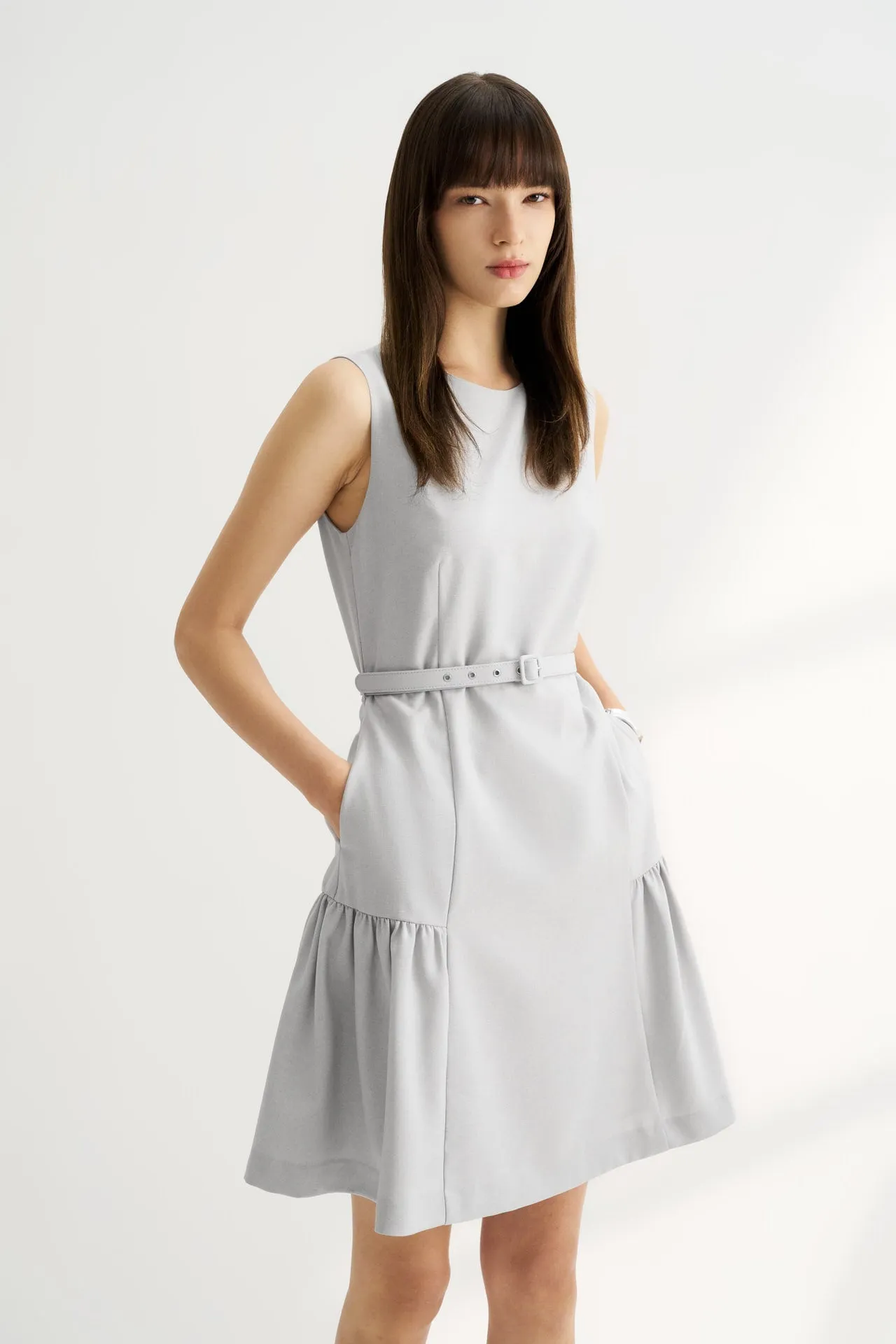 Round Neck Fit & Flare Work Dress with Fabric Belt