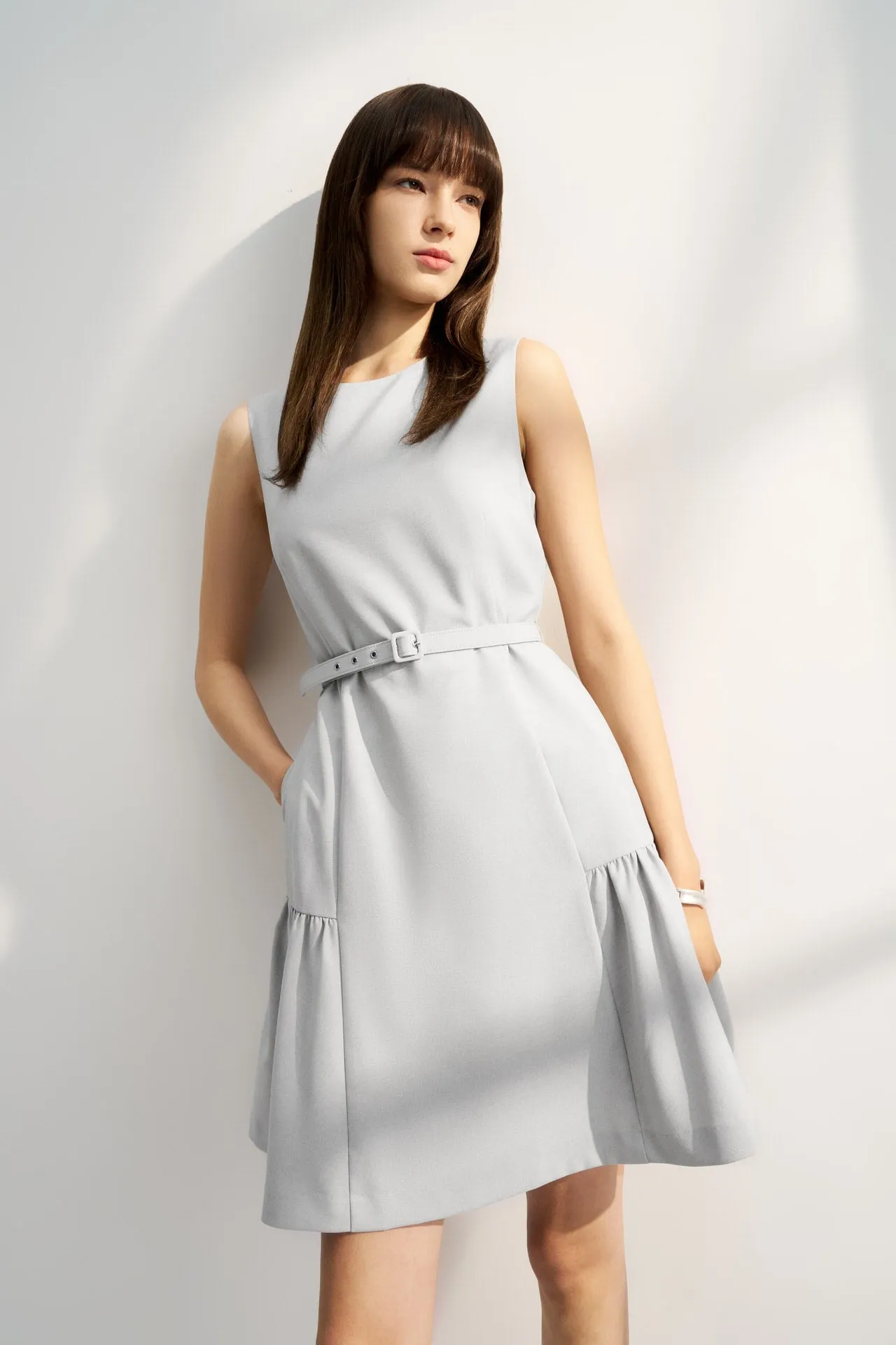 Round Neck Fit & Flare Work Dress with Fabric Belt