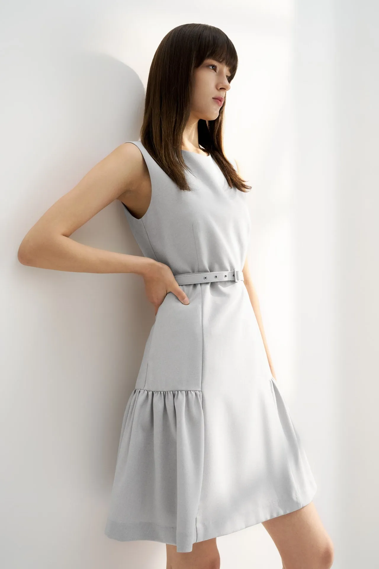 Round Neck Fit & Flare Work Dress with Fabric Belt