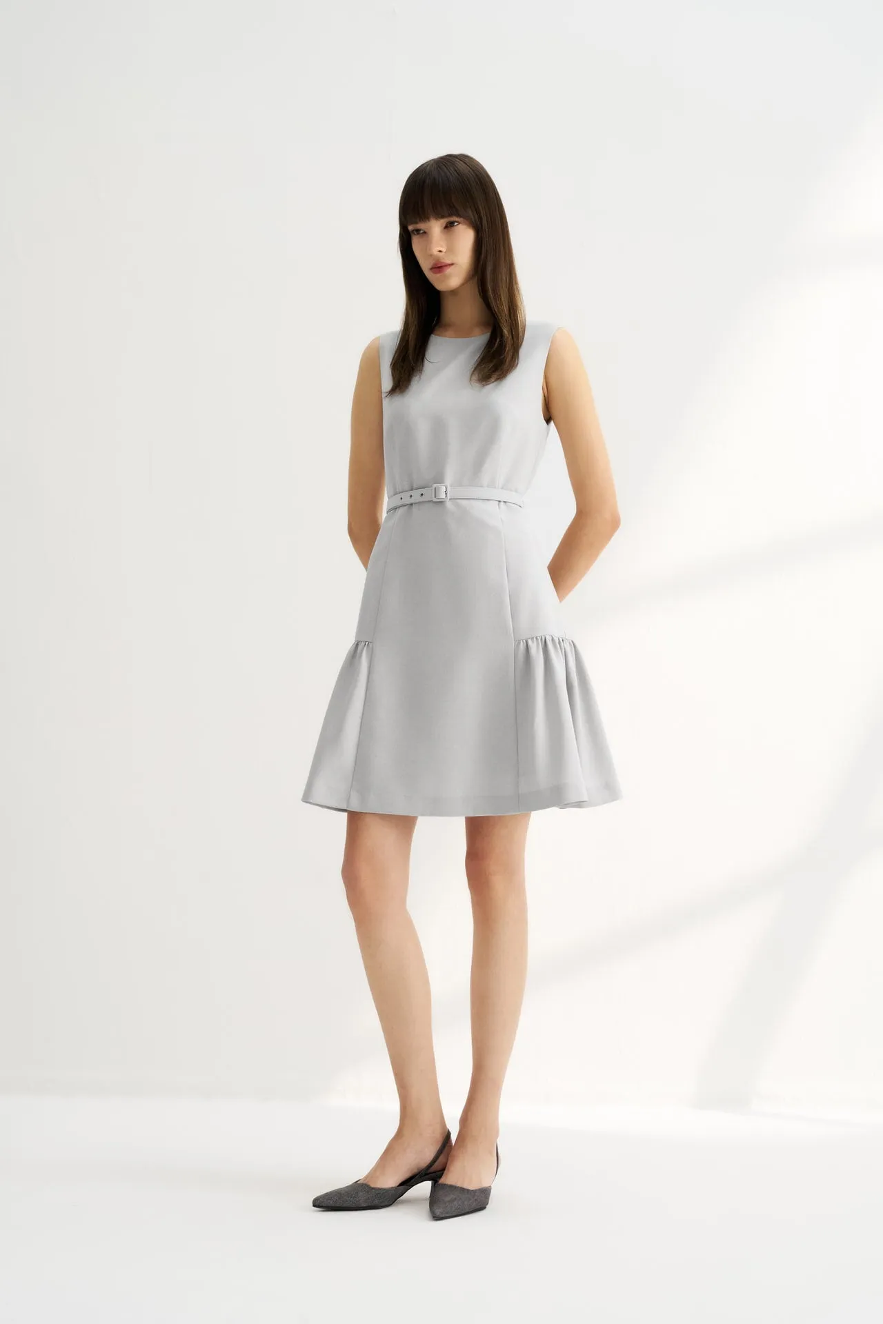 Round Neck Fit & Flare Work Dress with Fabric Belt