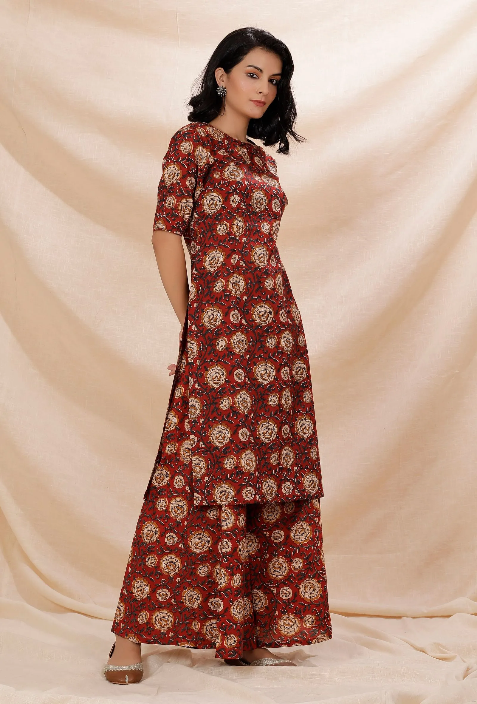 Rust Red Kalamkari Contrast Print Straight Cotton Kurta