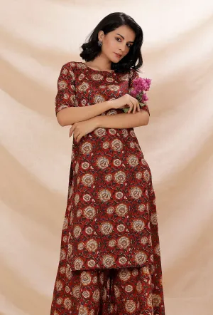 Rust Red Kalamkari Contrast Print Straight Cotton Kurta