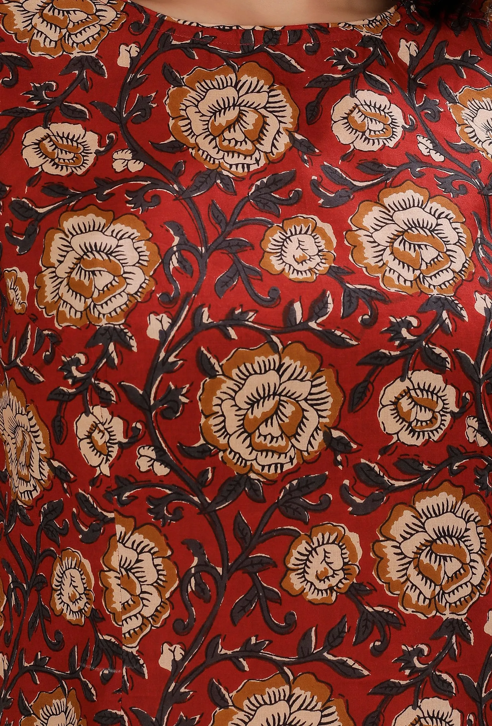 Rust Red Kalamkari Contrast Print Straight Cotton Kurta