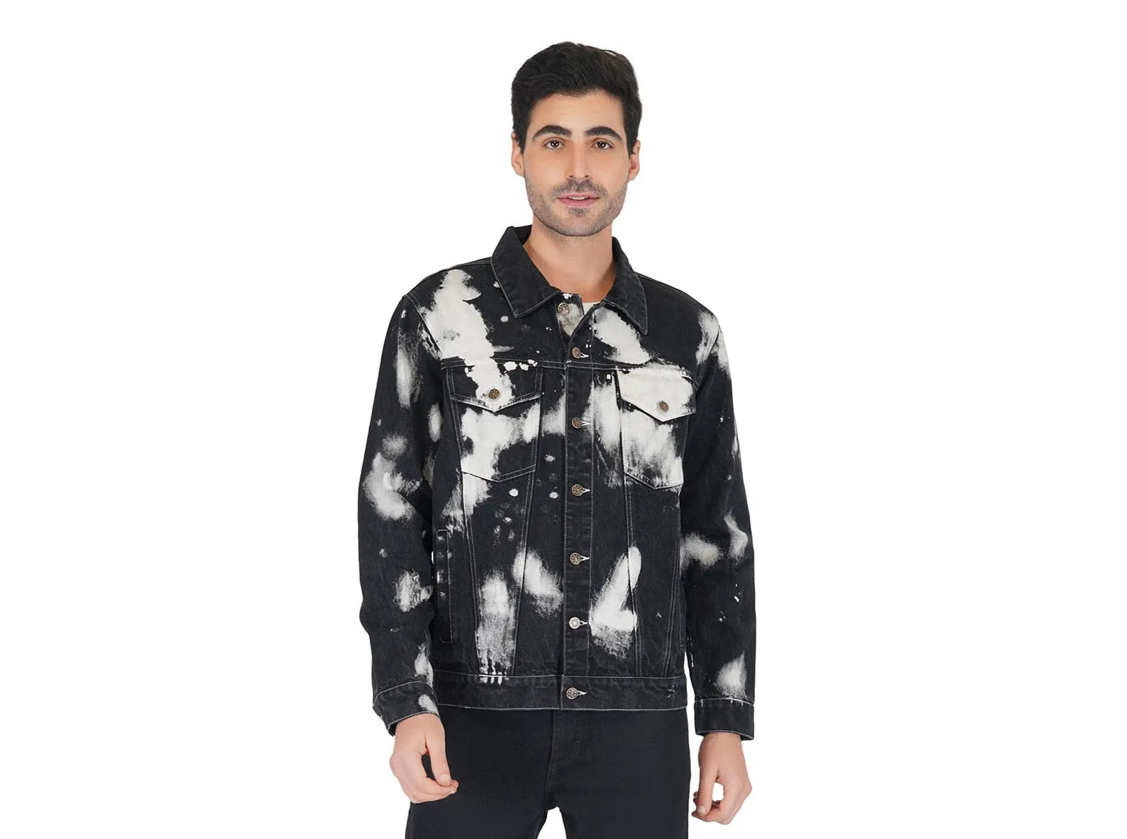 SLAY. Men's Black & White Tie Dye Button-Down Ripped Denim Jacket