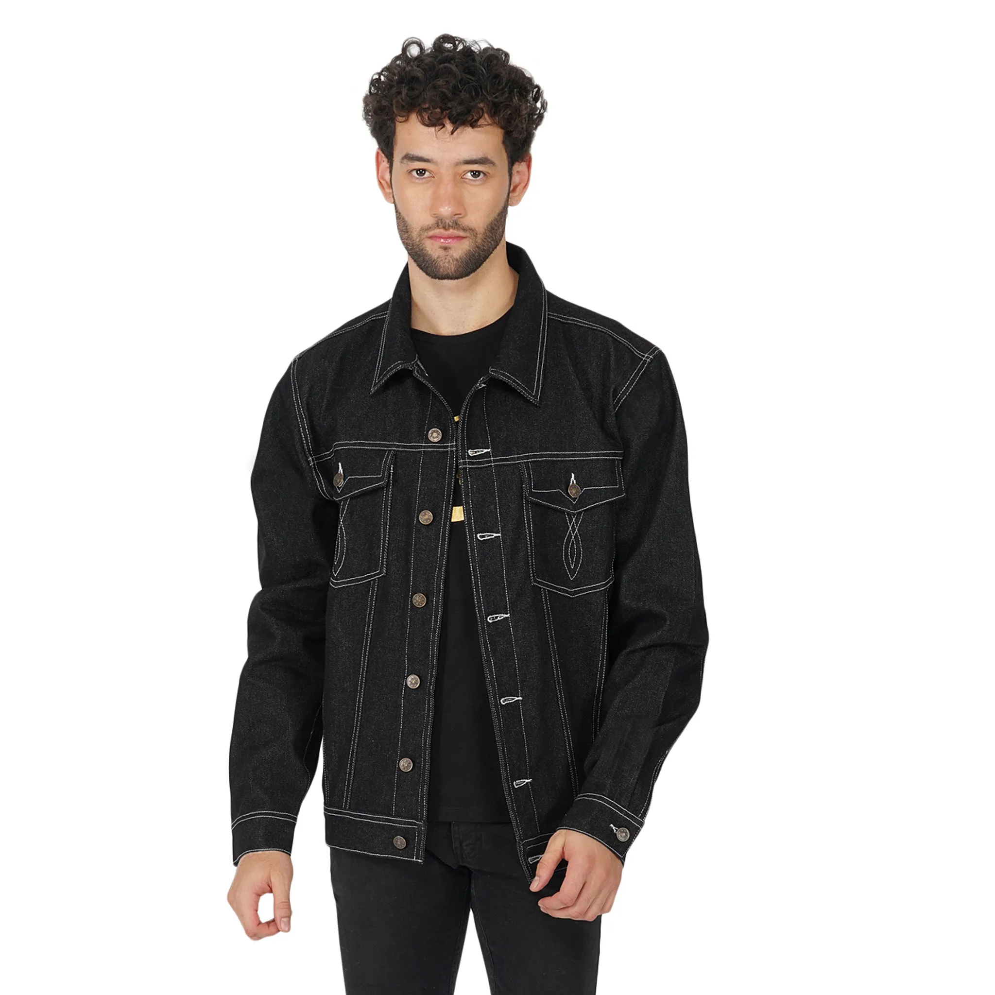 SLAY. Men's Black Contrast Stitch Denim Cotton Biker Jacket For Men