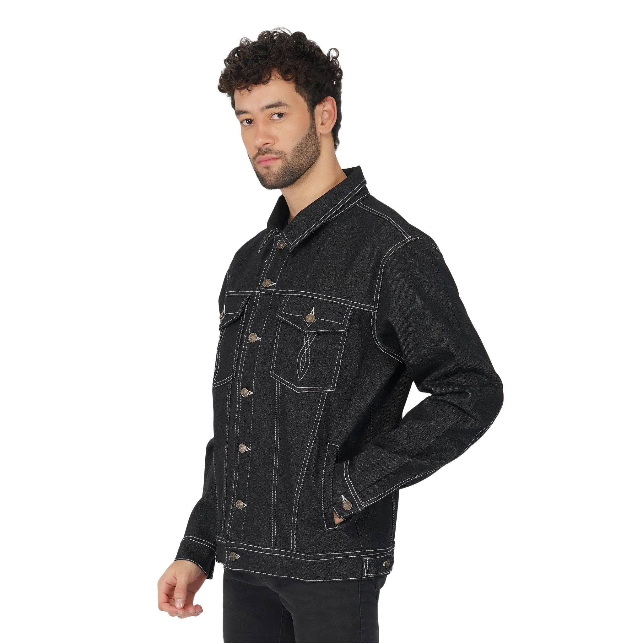 SLAY. Men's Black Contrast Stitch Denim Cotton Biker Jacket For Men