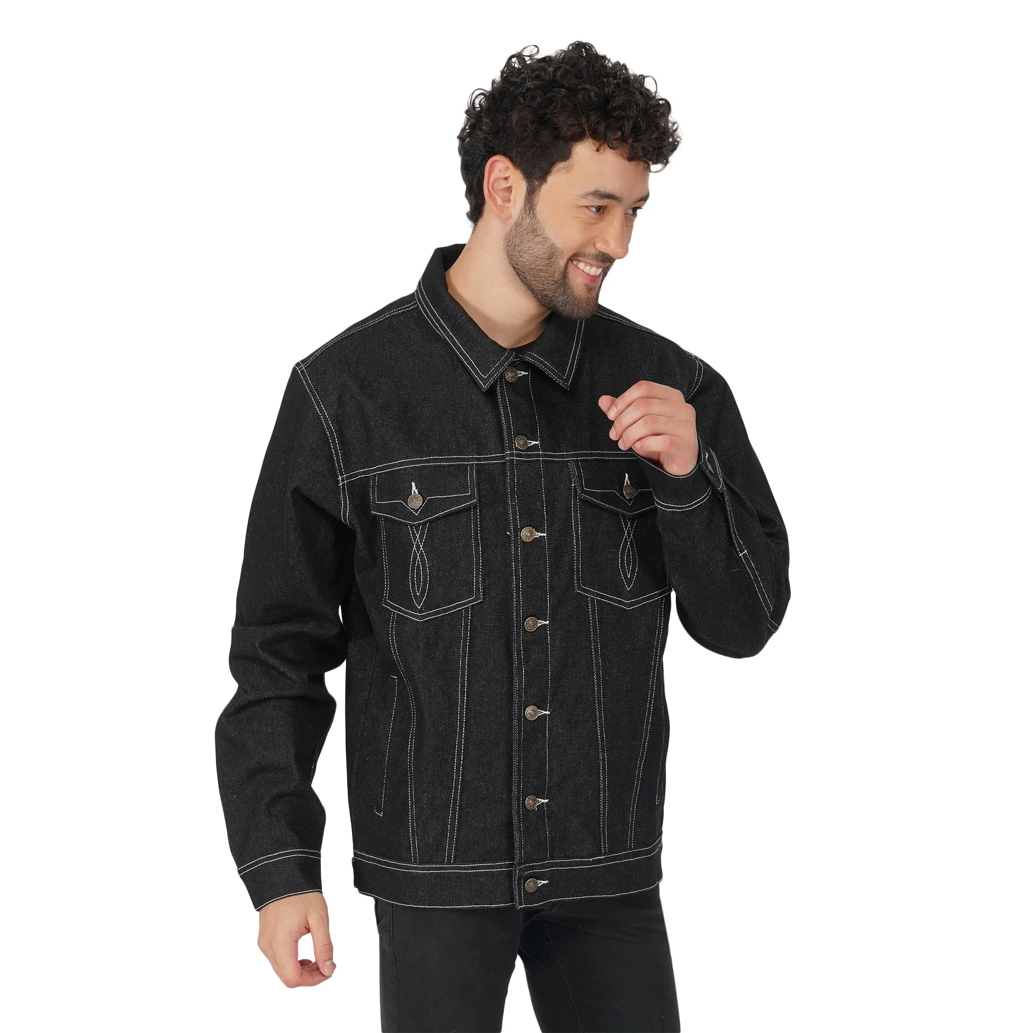 SLAY. Men's Black Contrast Stitch Denim Cotton Biker Jacket For Men