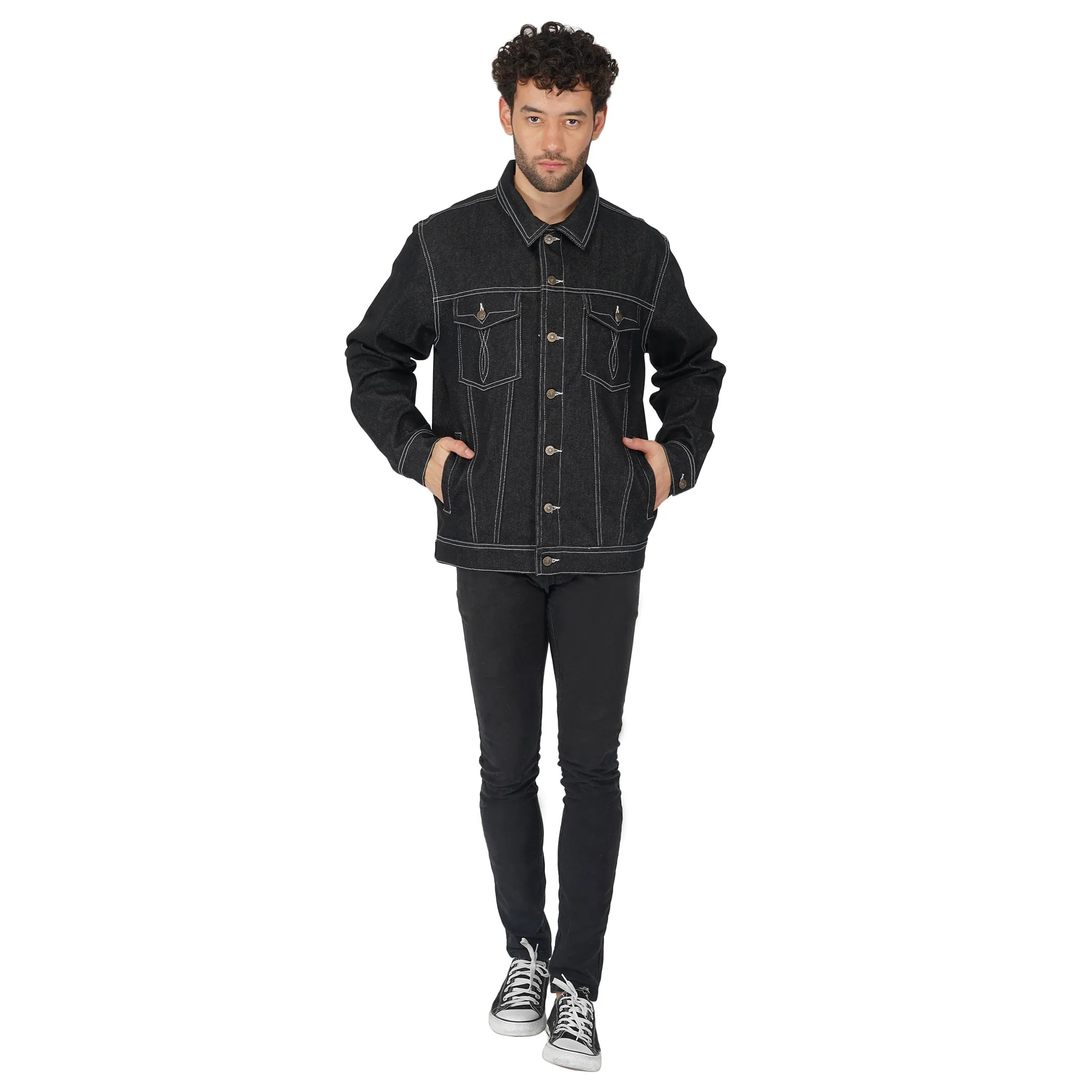 SLAY. Men's Black Contrast Stitch Denim Cotton Biker Jacket For Men