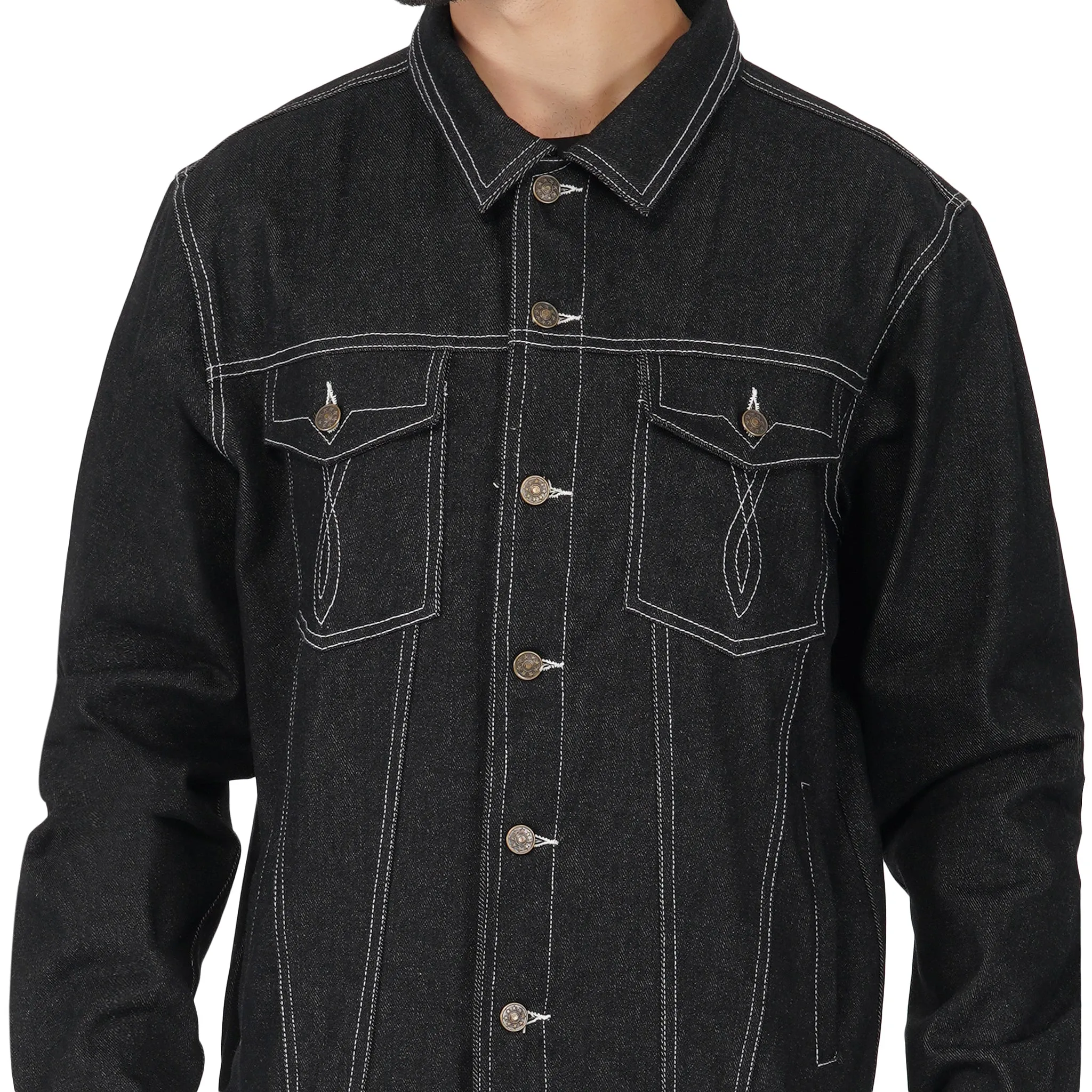 SLAY. Men's Black Contrast Stitch Denim Cotton Biker Jacket For Men