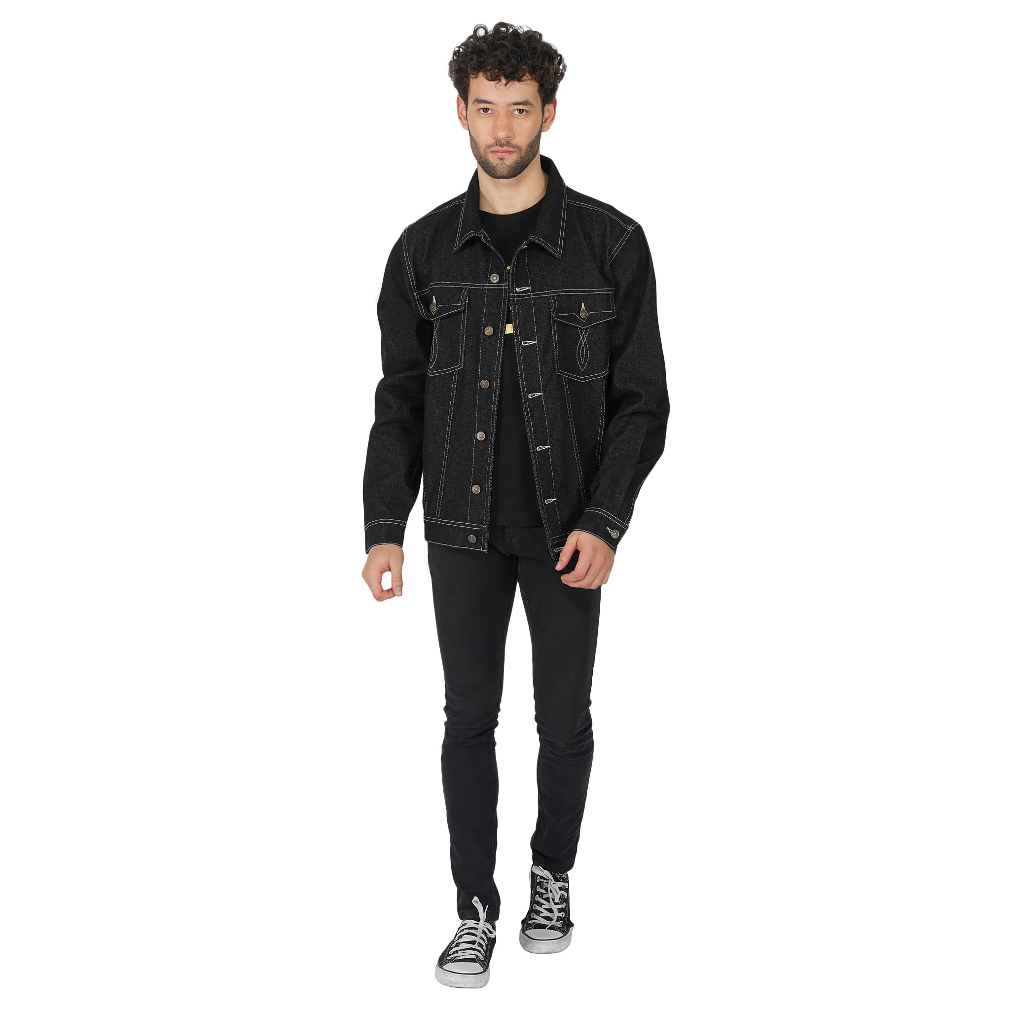 SLAY. Men's Black Contrast Stitch Denim Cotton Biker Jacket For Men