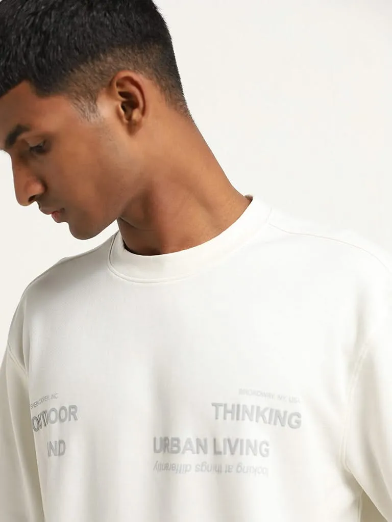 Studiofit Off-White Text Embossed Relaxed Fit T-Shirt