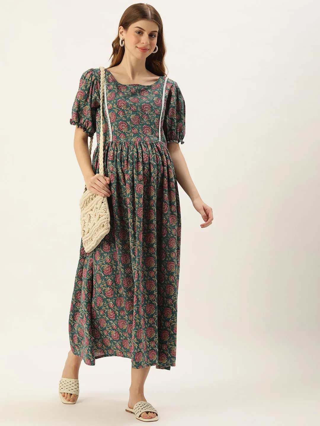 Teal and Pink Floral Print Puff Sleeve Maternity Dress