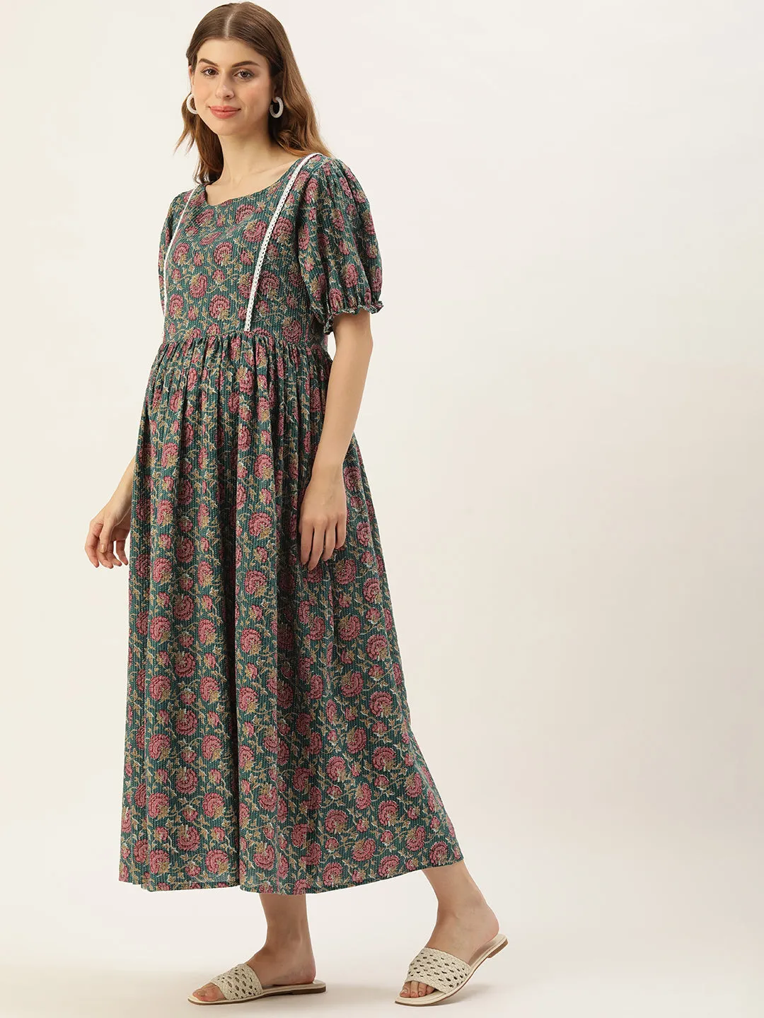 Teal and Pink Floral Print Puff Sleeve Maternity Dress