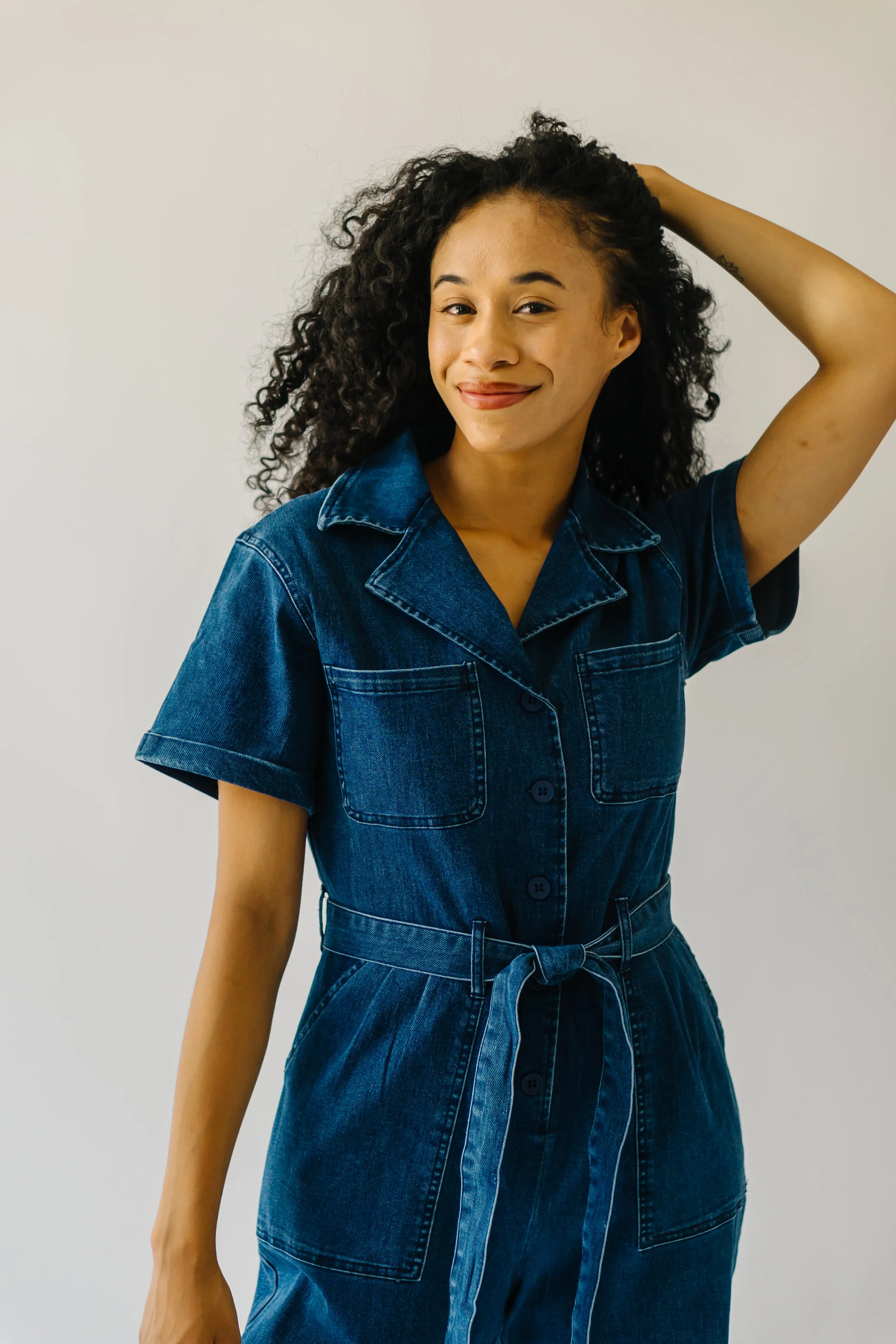 The Fleming Tie Denim Jumpsuit in Blue