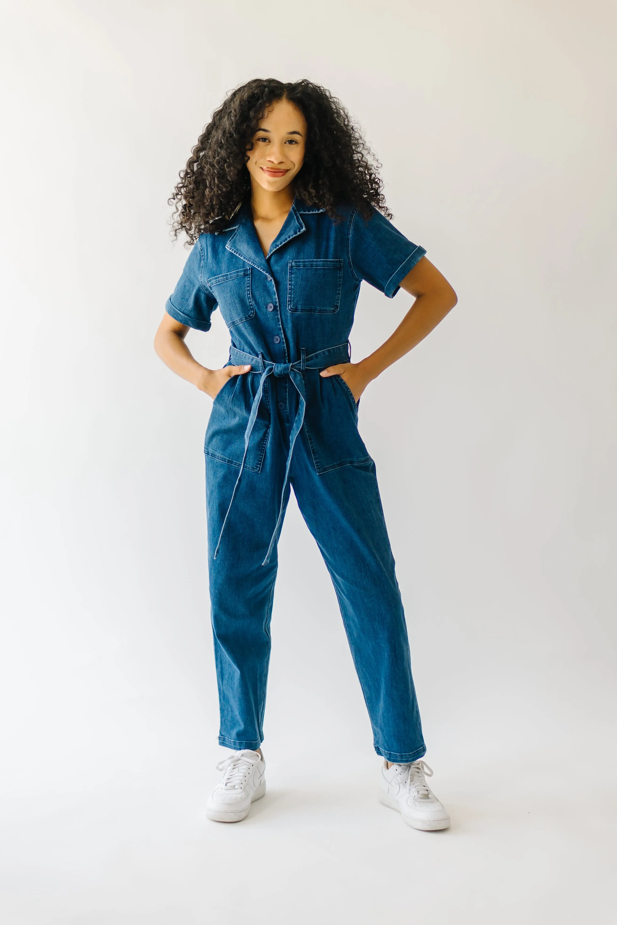 The Fleming Tie Denim Jumpsuit in Blue