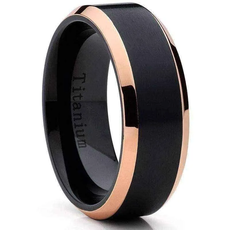 Titanium rings Oliveti Black Titanium and Rose Gold Men's Brushed Comfort Fit Band