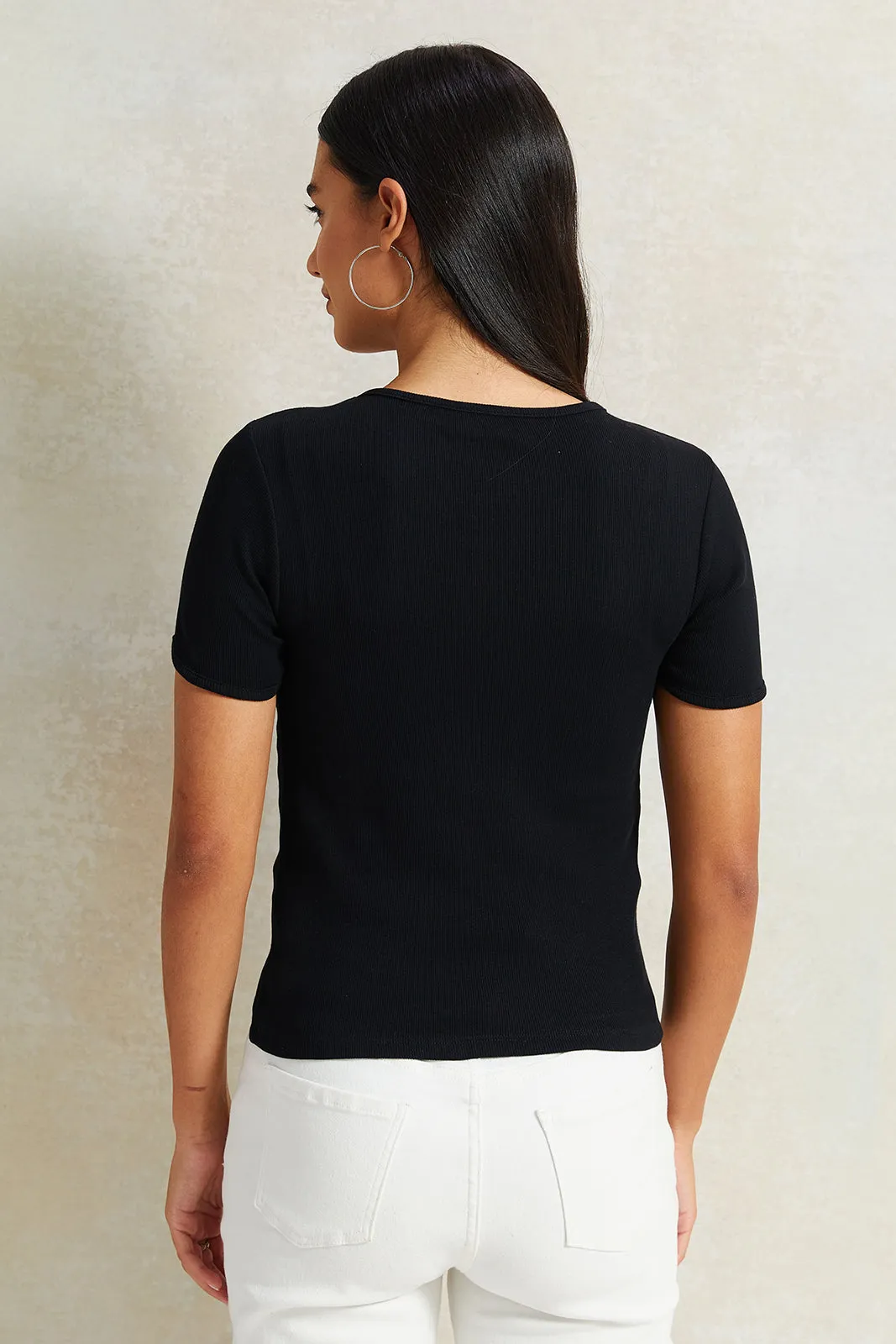 Women Black Embellished Rib T-Shirt