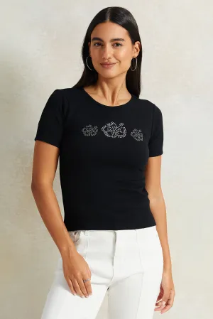 Women Black Embellished Rib T-Shirt