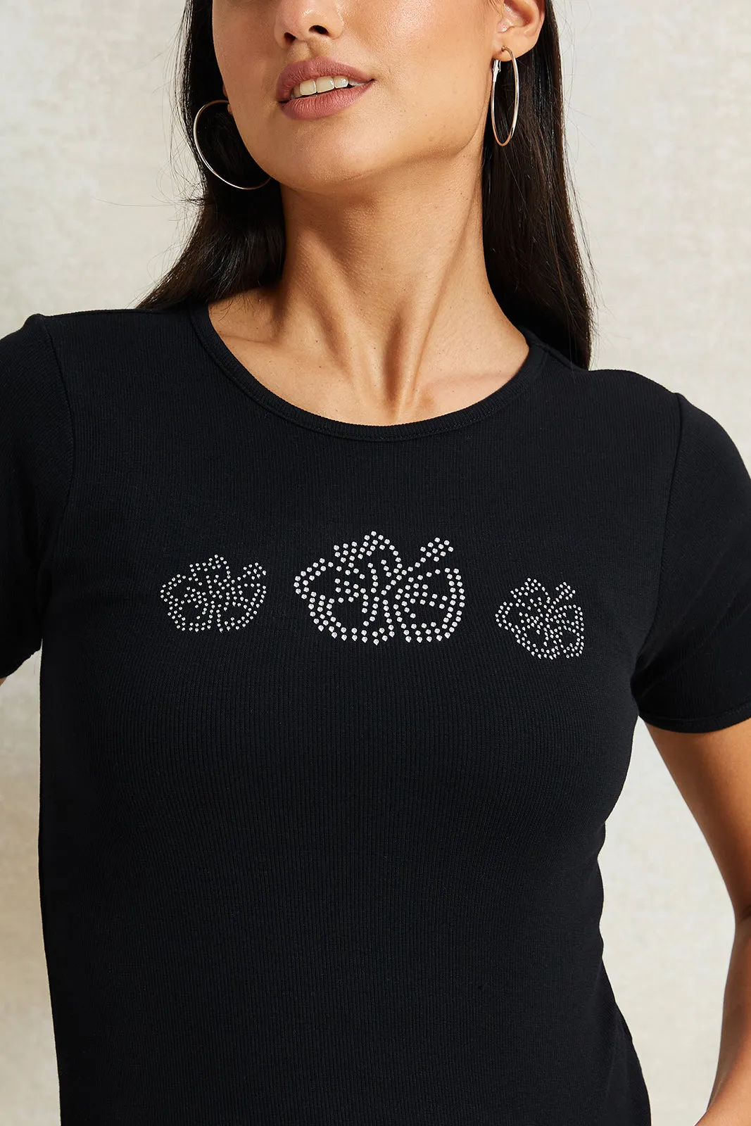 Women Black Embellished Rib T-Shirt