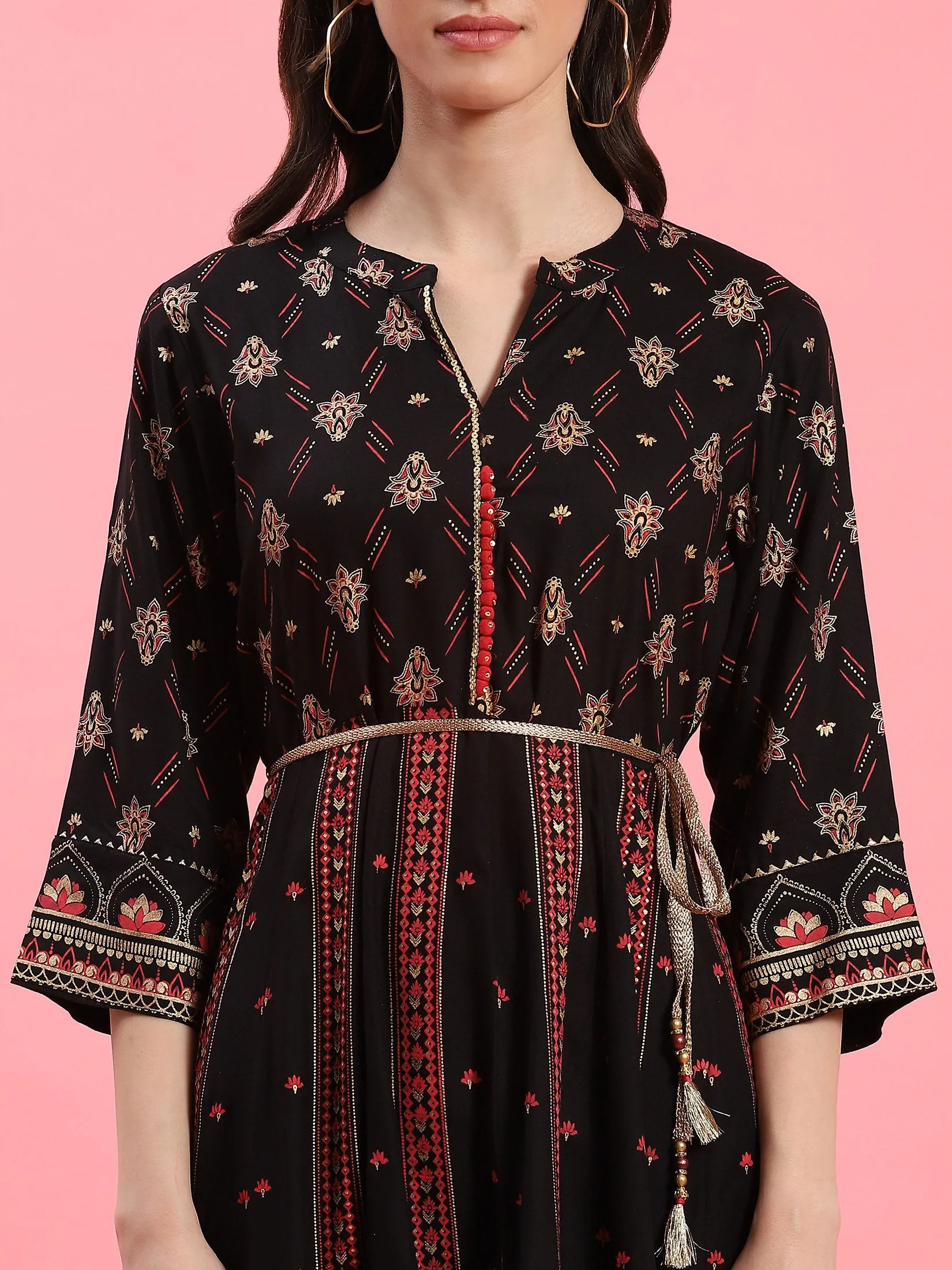 Women Black Ornamental Printed Dress