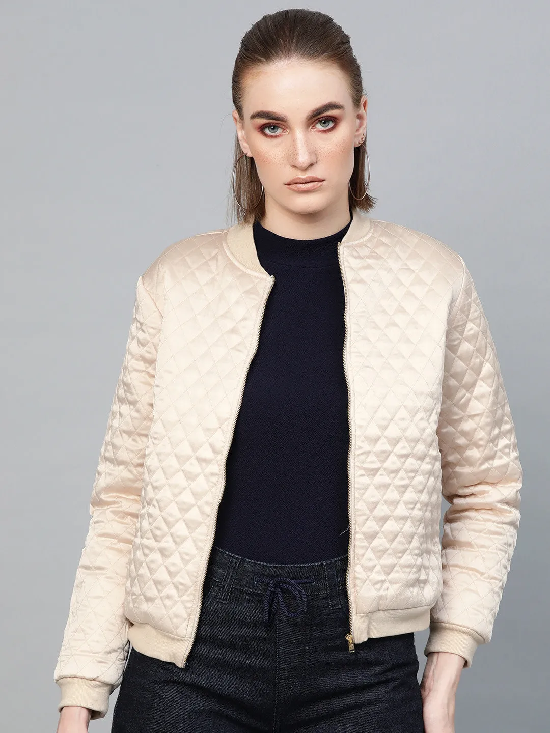 Women Nude Quilting Bomber Jacket